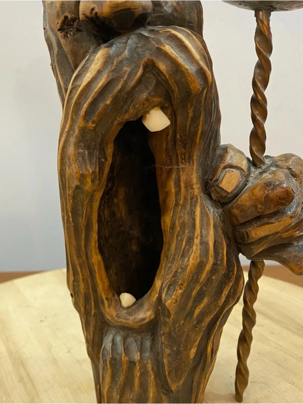 Vintage Hand Carved Wood Candle‎ Holder Spirit Wizard Face Folk Art Cottagecore